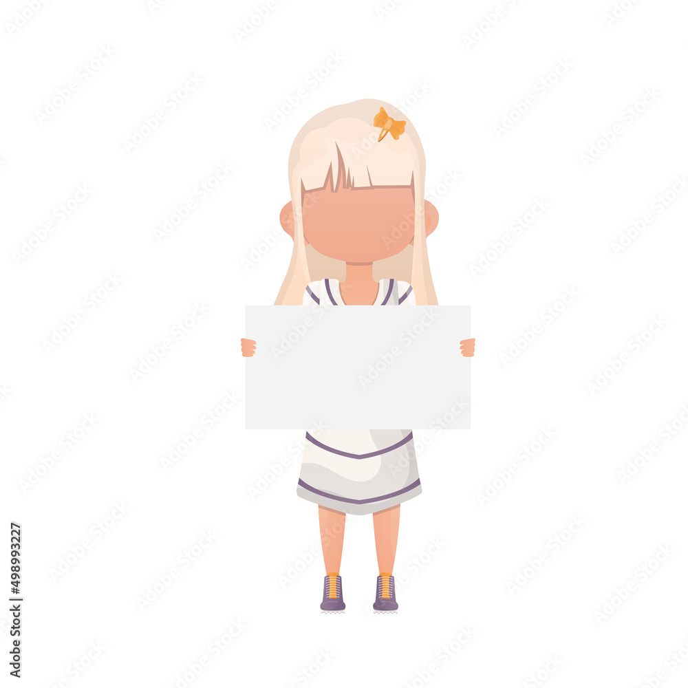 Cute little girl with blank white banner and space for your text. Design in cartoon style. Vector.