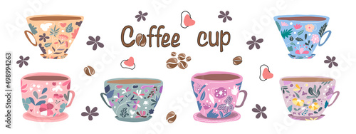 Cute vintage coffee cup set Designed in doodle style for digital printing, background, card decoration, coffee shop, clothing design, bag, sticker, pillow, scrapbook, t-shirt design and more.