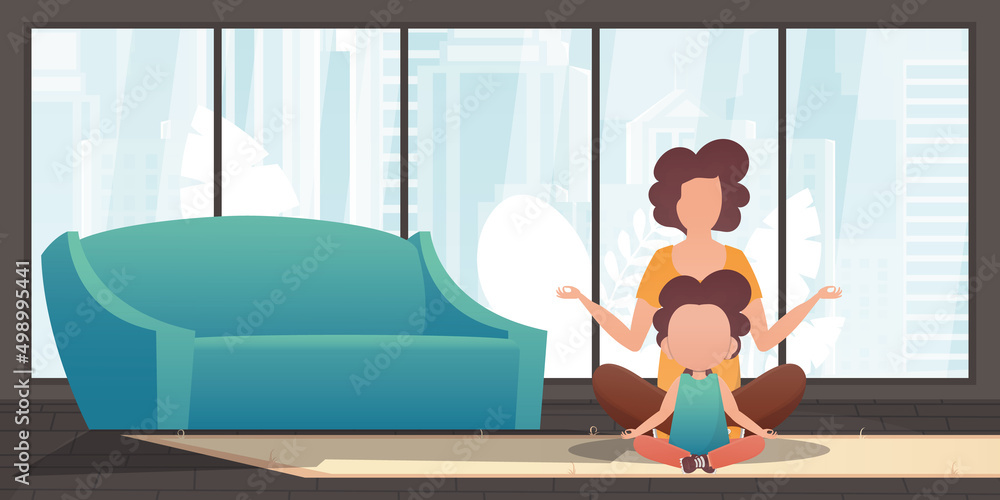 Mom and little daughter are meditating together. Design in cartoon style. Vector illustration.