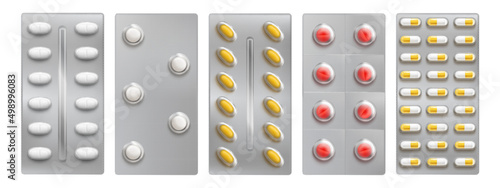 Pill blisters, medicine tablets and capsules packs isolated mock up. Medical painkiller, contraception, antibiotics, vitamin remedy packages design elements for ads, Realistic 3d vector illustration