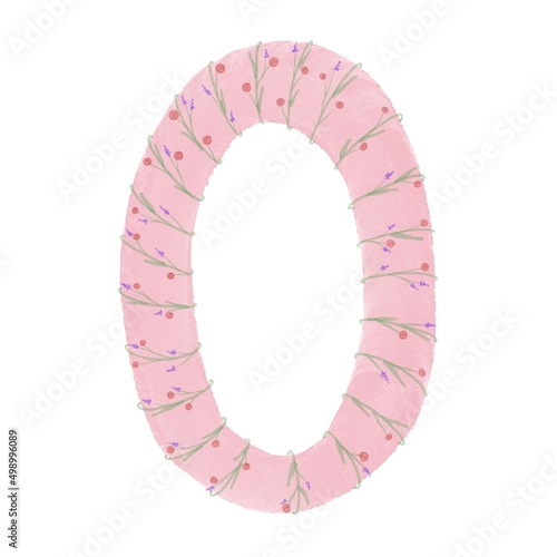 Cartoon pastel pink number zero with flowers on white background