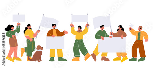 People holding blank flags and banners on protest demonstration, strike or picket. Vector flat illustration of crowd of men and women activists with white posters and placard