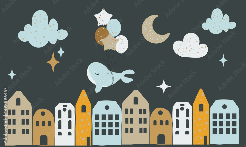 Doodle design elements set whale, balloon, star, shine, moon, houses,  window, pom-poms, clouds. Childish boho clipart. Vector illustration
