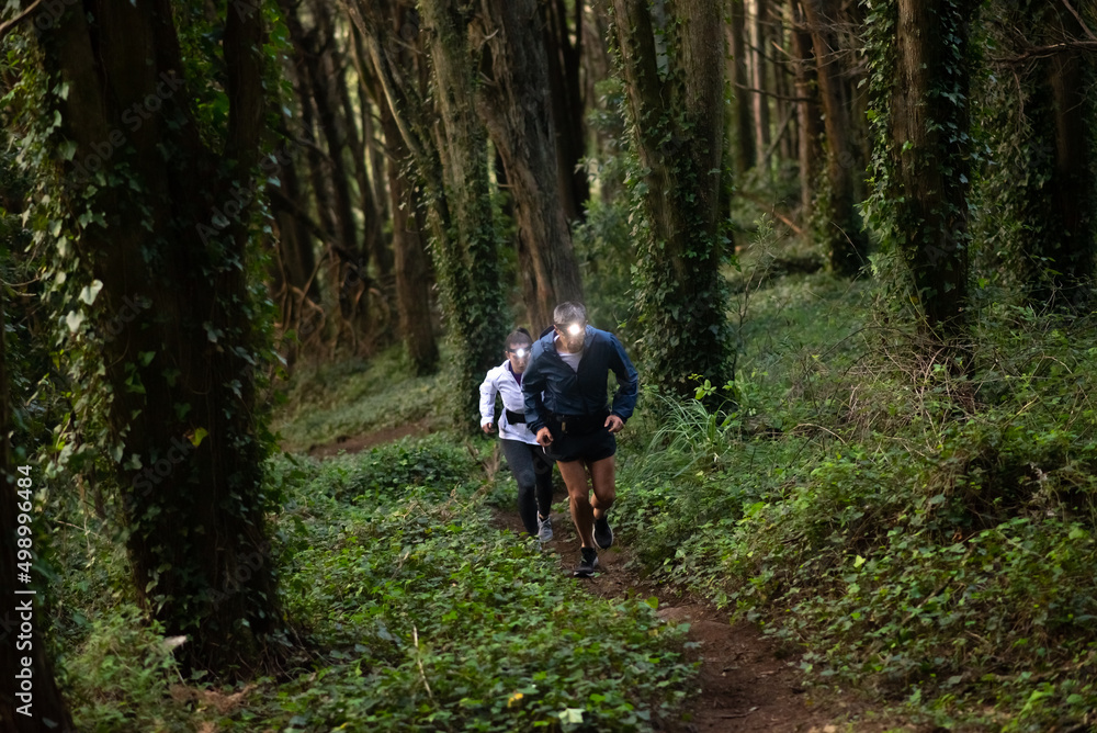 Active man and woman jogging in forest. Two sporty people in sportive clothes exercising outdoors at dusk. Sport, hobby concept Active man and woman jogging in forest. Two sporty people in sportive clothes exercising outdoors at dusk. Sport, hobby concept