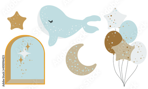 Doodle design elements set whale, balloon, star, shine, moon, houses,  window, pom-poms, clouds. Childish boho clipart. Vector illustration

