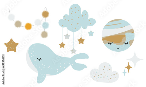 Doodle design elements set whale, balloon, star, shine, moon, houses, window, pom-poms, clouds. Childish boho clipart. Vector illustration © KatrinSharmArt