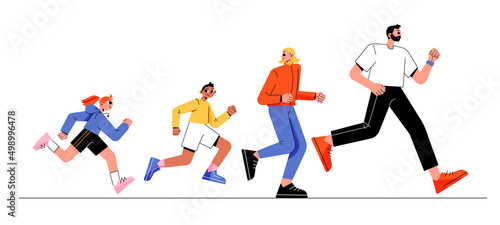 Family run marathon, parents and children jogging, sports exercising or competition Father, mother, daughter and son characters healthy lifestyle, outdoor activity Line art flat Vector Illustration