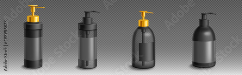 Bottle for liquid soap or lotion 3d vector mockup. Isolated black plastic packages with gold dispenser for bath or toilet. Antibacterial or antiseptic gel airless pump containers, Realistic mock up