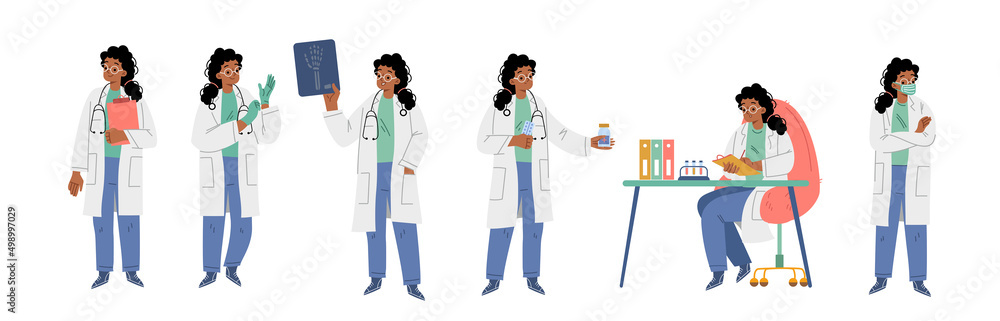 Hospital healthcare staff at work. Female doctor in medical robe take on gloves, look op xray, laboratory research, therapist with stethoscope and clipboard, Cartoon linear flat vector illustration