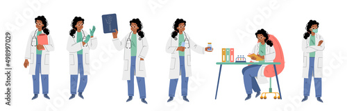 Hospital healthcare staff at work. Female doctor in medical robe take on gloves, look op xray, laboratory research, therapist with stethoscope and clipboard, Cartoon linear flat vector illustration