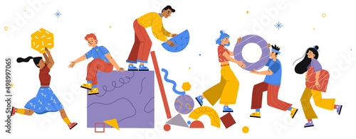 People team work together set up huge colorful geometric abstract shapes. Businesspeople teamwork, office employees collaboration, cooperation, partnership, Linear cartoon flat vector illustration