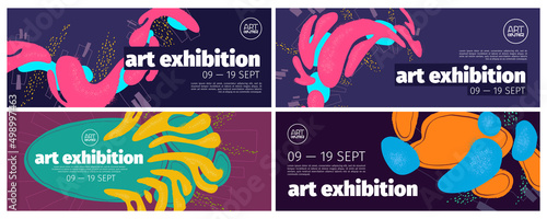 Art exhibition banners set, invitation to modern exposition. Abstract background, modern acrylic paints design, invite in art deco style with colorful painting stains or grunge elements, Vector flyers