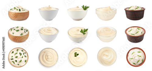 Set with tasty mayonnaise on white background. Banner design