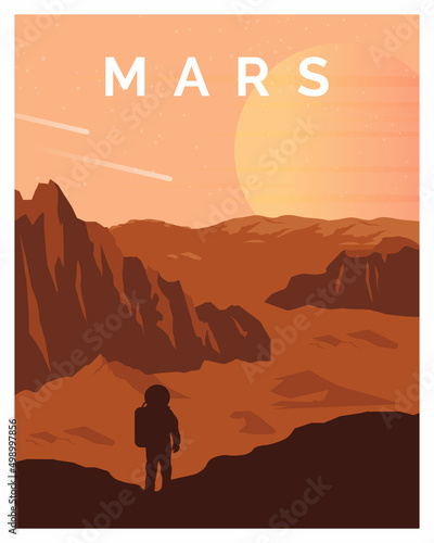 planet mars in outer space with astronaut vector illustration for poster, background, postcard, art print