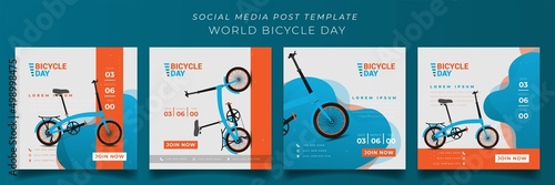 Set of social media post template in green orange and white background for world bicycle day photo