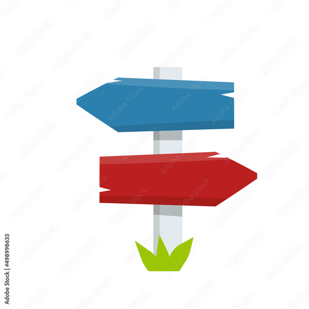 Path pointer with red and blue plate. Cartoon flat illustration. Direction way. Path pointer with red and blue plate. Cartoon flat illustration. Direction way.