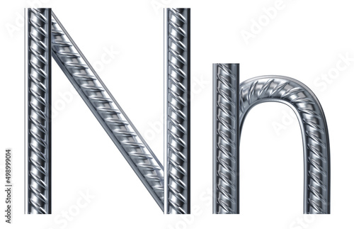 Letter n. font from construction rebar. 3D render