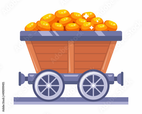 wooden trolley with a pile of gold. work in the mine. flat vector illustration.