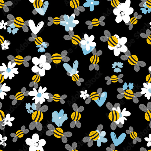 Seamless pattern with bees on floral background. Small wasp. Vector illustration. Adorable cartoon character. Template design for invitation, cards, textile, fabric. Doodle style