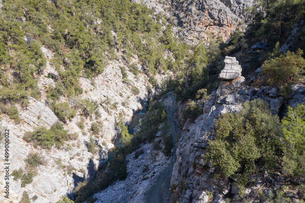 Drone view of Goynuk Canyon in  Beydaglari Coastal National Park on sunny day. Antalya Province, Turkey.