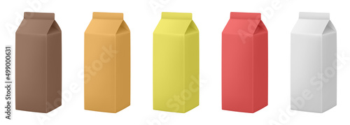 Set of juice or milk cardboard package. Vector mockup set. Realistic carton package. Yellow, white, red, orange and brown boxes for dairy products. Banana, strawberry, caramel or chocolate milkshake