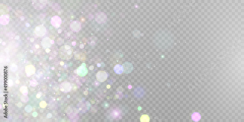 Sparkling glare light effects with colorful shimmer. Beautiful lens flare effect with bokeh, glittery particles and rays. Shining abstract background. Vector illustration