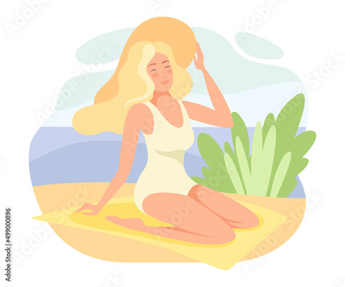 Blond Woman in Swimsuit and Straw Hat Sitting on Blanket on Sandy Beach and Sunbathing in Hot Summer Day Vector Illustration