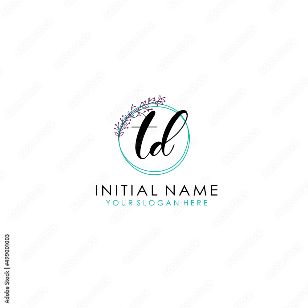 Fototapeta premium TD Initial letter handwriting and signature logo. Beauty vector initial logo .Fashion boutique floral and botanical