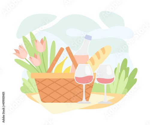 Picnic Basket with Wine Glass and Blooming Tulip Flowers Vector Illustration