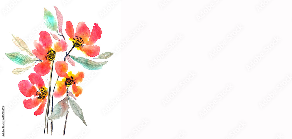 bouquet di fiori colorati, acquerello su sfondo bianco, cartolina rettangolare