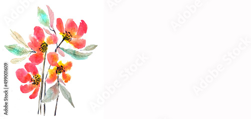 bouquet di fiori colorati, acquerello su sfondo bianco, cartolina rettangolare
