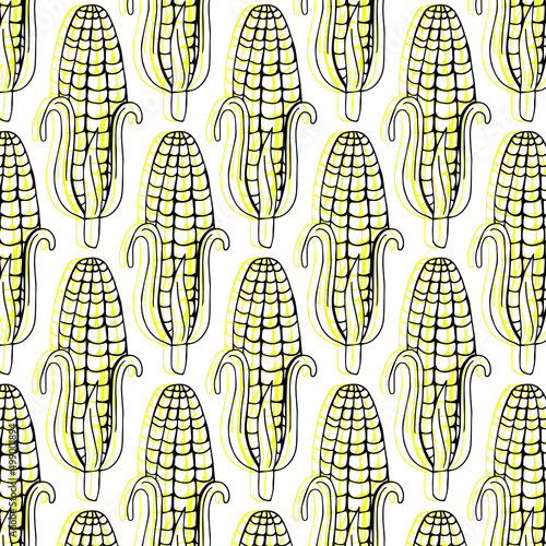Yellow hand drawn corn cobs on green background. Seamless pattern vector illustration. Design for textile, wallpaper, print packaging paper, banner, poster, flyer, card or brochure.