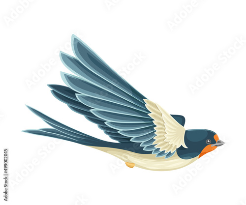 Swallow or Martin Passerine Bird with Long Tail and Pointed Wings Flying or Gliding Vector Illustration