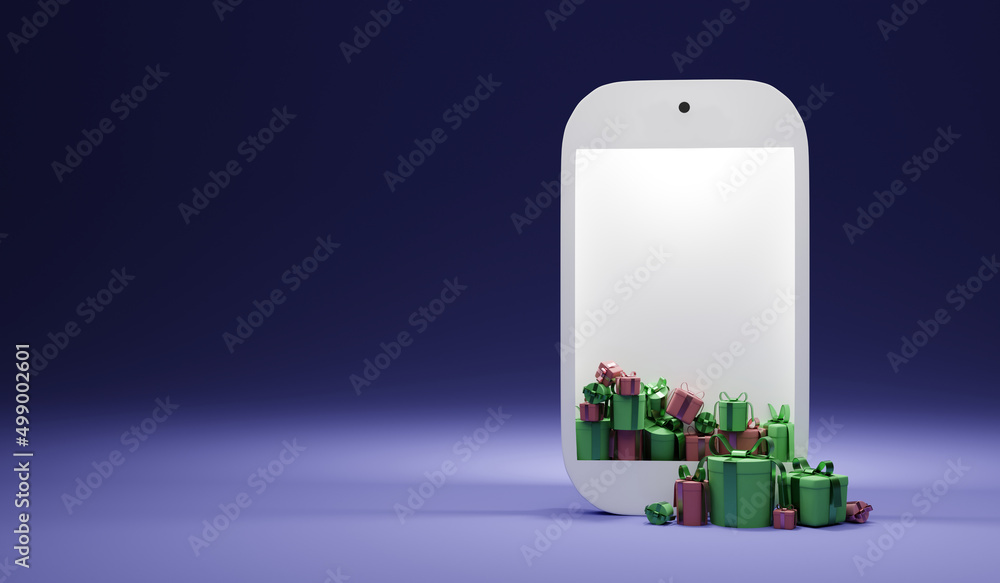 Gift boxes fall out of smartphone on purple background. 3d render