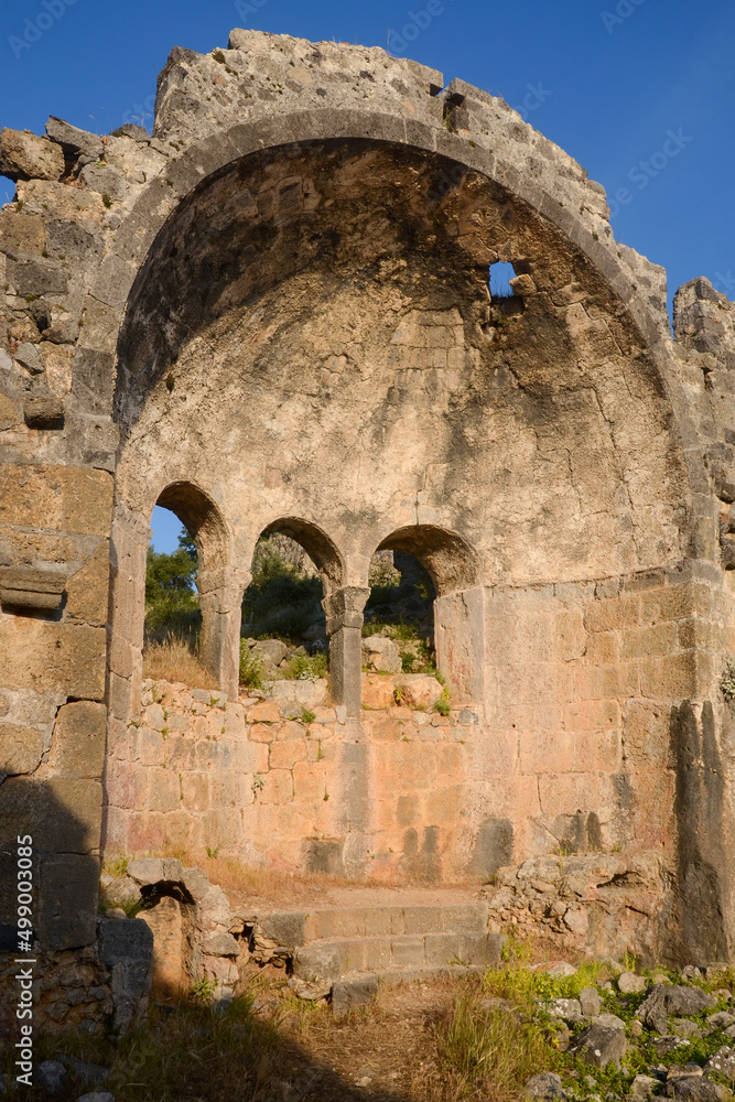 Ruins of the Byzantine Church on Gemiler Island at sunset. Turkey.