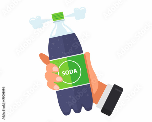 a hand holds a soda bottle with a green label. flat vector illustration.
