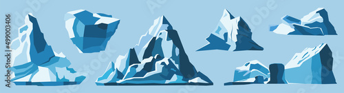 Set of blue icebergs in cartoon style. Vector illustration of adventure, tourism, climbing, landscape and concept of warming on blue background.