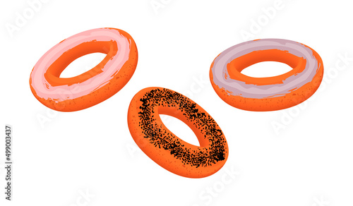 Bagels with poppy seeds and different types of glaze.Food icons in cartoon.Baked products drawn in realistic style and isolated on white background.Vector 3D illustration for design cards,posters.
