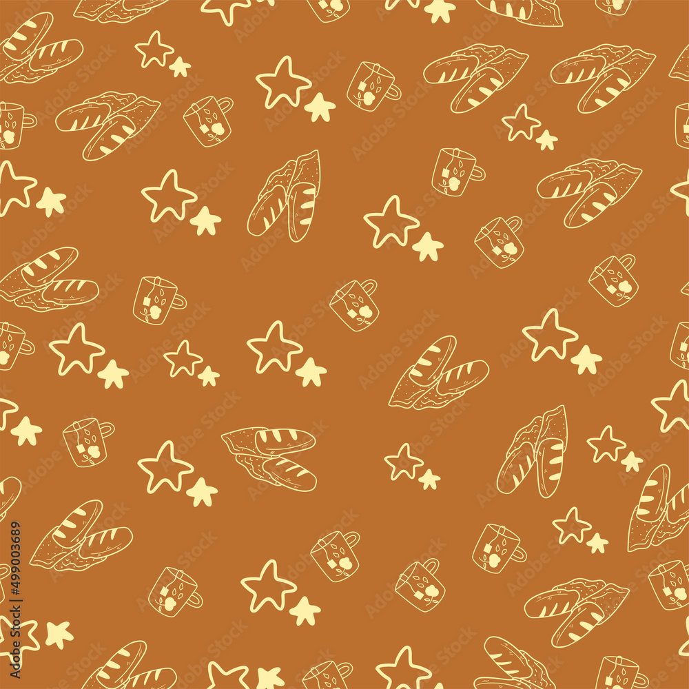 Cute seamless pattern on brown background with delicious tea and bread. Hand drawn tea and bread. Texture for scrapbooking, wrapping paper, invitations. Vector illustration. Cute seamless pattern on brown background with delicious tea and bread. Hand drawn tea and bread. Texture for scrapbooking, wrapping paper, invitations. Vector illustration.