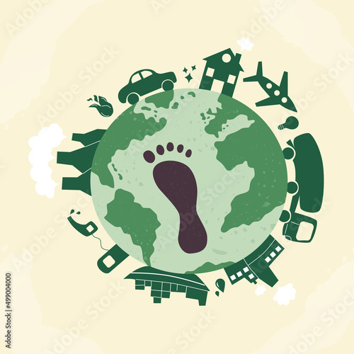 Carbon footprint CO2. Dangerous dioxide effect on planet ecosystem and sustainability. Carbon offset concept. Footprint on the earth flat vector illustration