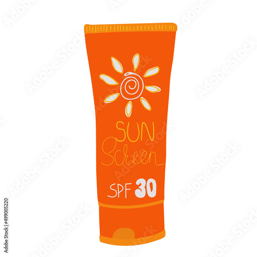 Sunscreen bottle vector icon isolated on white background. Doodle design style orange tube of sun cream with sun sign and 30 sun protection factor SPF text. 