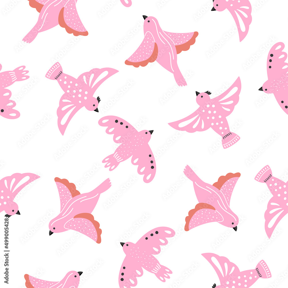 Big pink flying dove on a white background seamless pattern. Summer spring time of bright bird Big pink flying dove on a white background seamless pattern. Summer spring time of bright bird