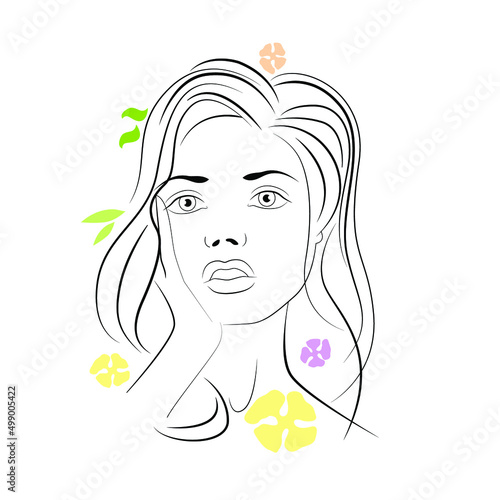 portrait of a girl in black line with colored flowers. Face in yas with parted lips. Supports head with hand
