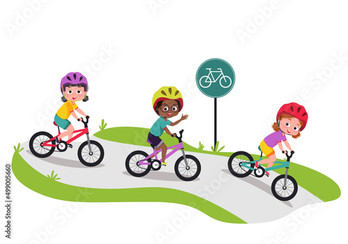 Happy little kids on a bike. Children cycling outdoors in helmet. Vector cartoon illustrations isolated on white background.