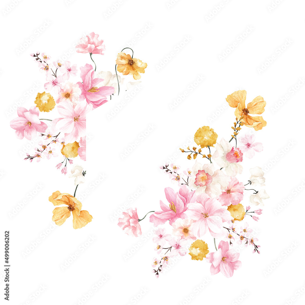 Watercolor spring bouquet with blooming branch and leaves, isolated on white background