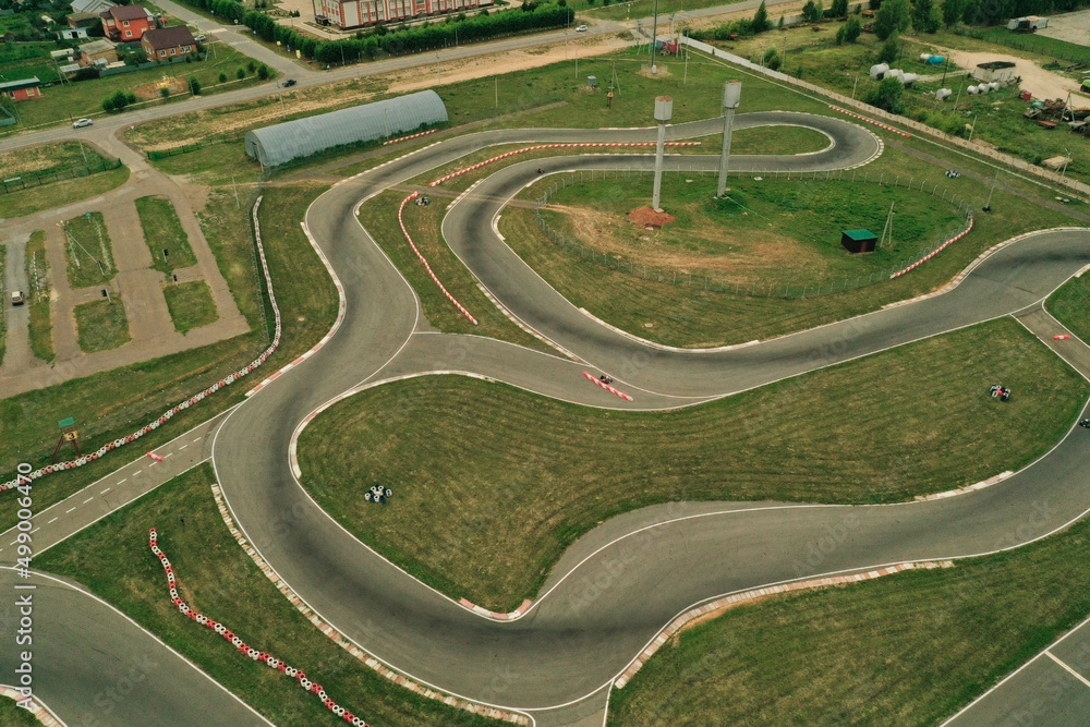 Aerial view of karting track. Go kart racing circuit. Contemporary