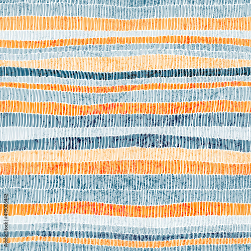 Seamless striped pattern. Vintage bohemian print for home textiles, pillows, rugs, blankets. Embroidered ornament with grunge texture. Vector illustration.