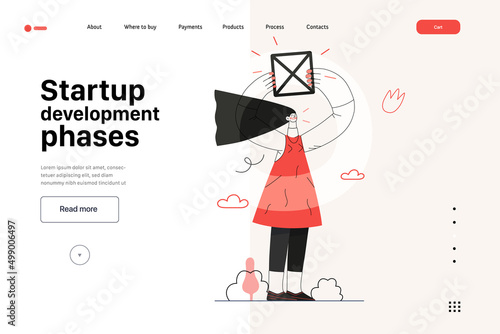Startup illustration, website landing template Flat line vector modern concept illustration, startup metaphor. Concept of building new business, strategy, company processes. Startup development phases