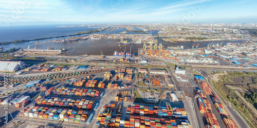 Large panoramic aerial view on sea port with cargo containers in Saint Petersburg, Russia © eshma