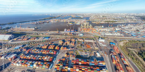 Obraz na płótnie Large panoramic aerial view on sea port with cargo containers in Saint Petersburg, Russia w salonie